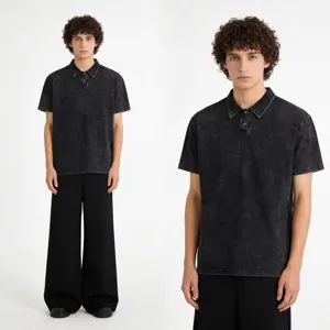 Vintage washed heavy short sleeve polo shirt for men, loose oversize streetwear top.