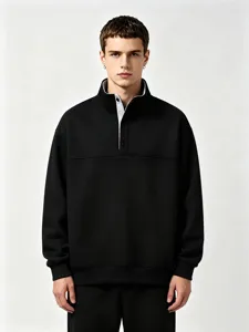 Felpa nera da uomo con collo a imbuto, stile hip-hop casual moda autunno inverno top elegante.