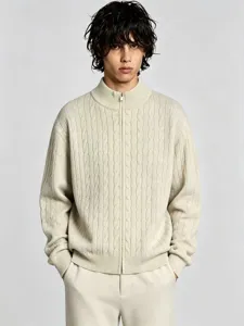 Men's mock neck zip sweater in solid cream color, classic cable knit design for autumn and winter.