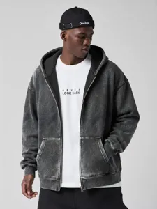 Men's vintage acid wash fleece lined zip-up hoodie casual loose winter outerwear top.