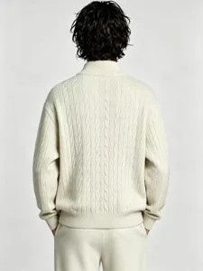 Back detail view of men mock neck zip cable knit sweater in beige, premium wool blend texture.