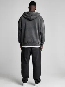 Vintage washed grey hoodie for men loose fit casual streetwear comfortable sweatshirt top