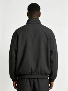 Detailed back view of the dark grey grid stand-up collar casual jacket for daily wear.