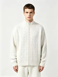 Men's solid color stand collar zip sweater, classic cable knit design, versatile winter top.
