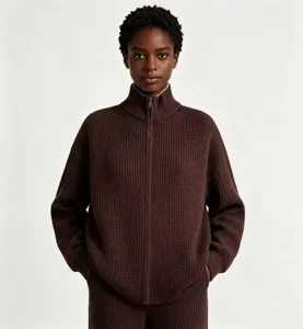 Pull homme en tricot gaufré col montant zippé uni décontracté haut élégant