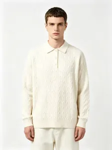 Suéter retro de hombre con cuello de solapa y trenzas, top casual liso de manga larga.
