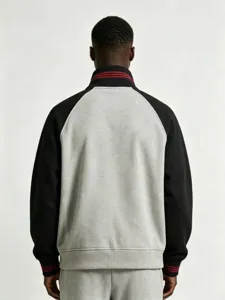 Men's colorblock zip up stand collar sweatshirt casual vintage streetwear jacket back view detail