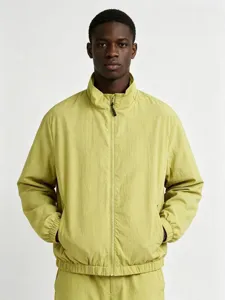 Men Casual Stand Collar Full Zip Windbreaker Jacket Solid Color Lightweight Pocket Outerwear Spring Fall Streetwear