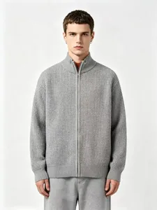 Homme gris tricot gaufré cardigan zippé complet pull automne hiver haut décontracté top
