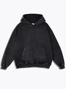 Vintage washed black hoodie men casual loose pullover streetwear front pocket sweatshirt detail