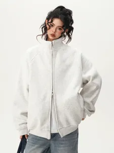 Detailed view of the casual full-zip stand collar sweatshirt showcasing quality fabric.