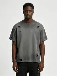 T-shirt manica corta uomo pesante slavato effetto strappato, stile rétro oversize.