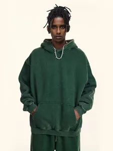 Men's Vintage Washed Heavyweight Fleece Hooded Sweatshirt Winter Casual Drop Shoulder Loose Pullover Hoodie