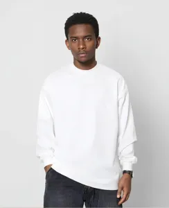 Heren zware effen kleur langmouw t-shirt losse casual basic top gedetailleerde weergave.