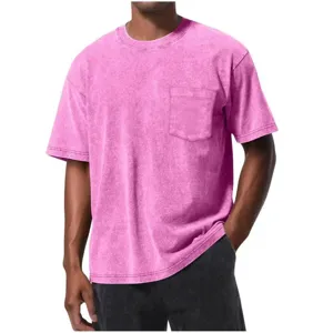 Men's pink washed short-sleeve pocket t-shirt detail showing fabric texture and pocket design