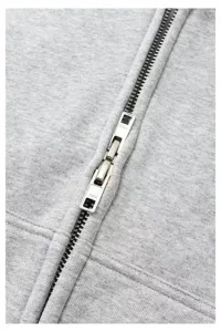 Close-up detail of heavy gray hoodie dual metal zipper, premium hardware craftsmanship.