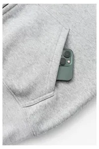 Detailed shot of the front pocket on a heavyweight gray hoodie, showing fine stitching texture.