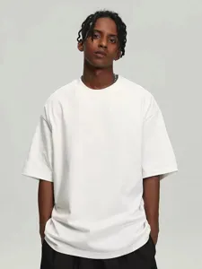 Detailed view of a solid heavy drop shoulder tee in plain white for casual outfit