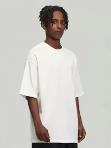 Heavyweight plain drop shoulder short sleeve t-shirt detail showing crewneck and fabric texture.