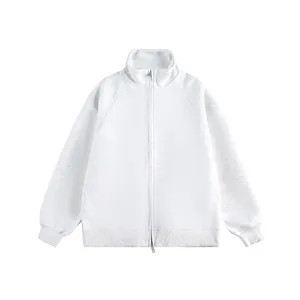 Grey full-zip stand-up collar sweatshirt detail view showing premium fabric quality.