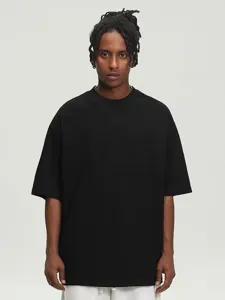 Heavyweight Solid Black Drop Shoulder T-Shirt Men Casual Summer Hip Hop Loose Crew Neck Top