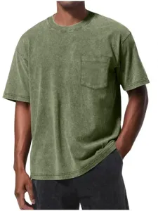 Men's Casual Vintage Washed Cotton T-Shirt Loose Fit Solid Color Short Sleeve Crew Neck Pocket Tee Top