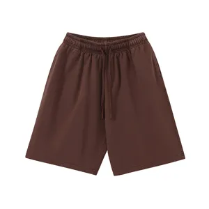 Detailed view of men's retro washed brown casual shorts with elastic drawstring waist.