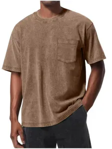 Men vintage washed pocket short sleeve t-shirt casual loose round neck summer top streetwear