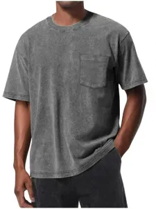 Men washed distressed pocket short sleeve T-shirt casual loose solid color crewneck top