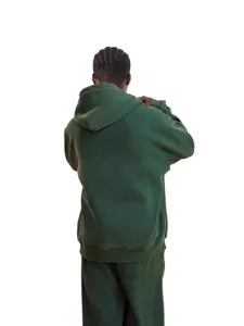 Men retro washed green fleece hoodie back view, heavy streetwear oversized hooded sweatshirt.