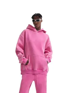 Men vintage washed pink heavyweight fleece hoodie and sweatpants set trendy streetwear