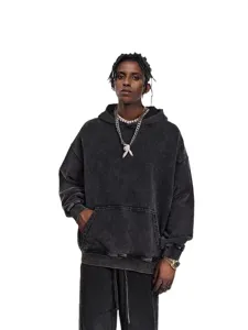 Vintage washed heavy fleece hoodie for men, casual streetwear pullover with comfortable hood.