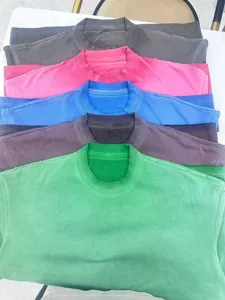 Heavyweight vintage washed distressed crew neck t-shirts in various colors detail.