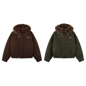 Piumino Invernale Caldo da Uomo Largo Casual Trapuntato Ispessito con Cappuccio Cappotto in Cotone con Collo in Pelliccia Sintetica e Cerniera