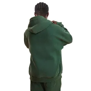 Men's vintage washed green hoodie, loose fit full zip-up hooded sweatshirt casual street style.