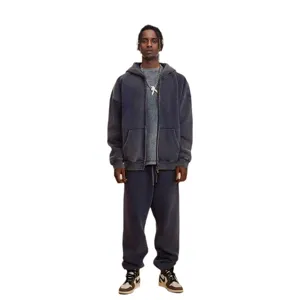 Vintage washed zip hoodie and sweatpants set for men, casual loose fit streetwear style detail.
