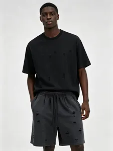 Distressed washed short sleeve t-shirt and shorts streetwear detail view new fashion style