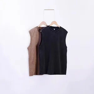 Vintage washed cotton sleeveless tank top for men, casual solid color gym workout summer shirt.