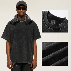 Men vintage washed oversized t-shirt 300g heavyweight short sleeve casual streetwear top