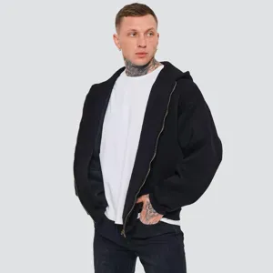 Detail view of the 400G heavyweight zip-up hooded sweatshirt, loose casual streetwear style.