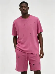 Men Casual Cotton Oversize Distressed T-Shirt And Shorts Hip Hop Washed Short Sleeve Top And Bottom