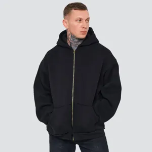 Heavyweight black zip-up hoodie for men, casual streetwear loose fit full zip hooded jacket.