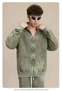 Men vintage heavyweight terry zip hoodie set detail view showing washed fabric texture and fit.