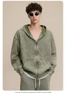 Vintage acid wash zip hoodie detail, heavy cotton loopback fabric for men's fashion style.