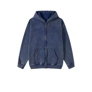 Vintage washed blue zip-up hoodie detail, loose fit casual streetwear sweatshirt.