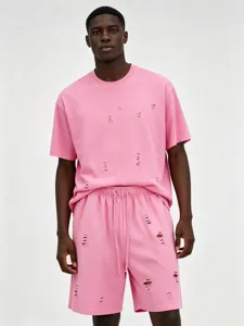 Men's pink distressed washed t-shirt and shorts set oversize streetwear casual summer outfit