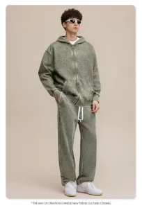 Vintage loopback full-zip hoodie and sweatpants set for men, heavy fleece casual streetwear.