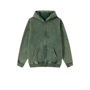 Vintage washed full zip hoodie for men, loose fit fleece lined hooded cardigan sweatshirt.