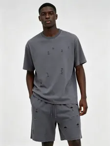 Men distressed streetwear charcoal t-shirt shorts set oversize washed summer outfit