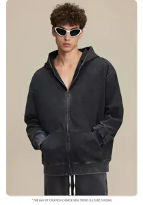 Men's vintage heavy loopback zip hoodie set casual loose streetwear autumn winter sweatpants